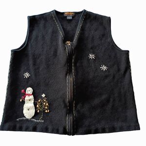 Woolrich Zip Up Snowman Sweater Vest Cardigan Women's L Applique Embroidered